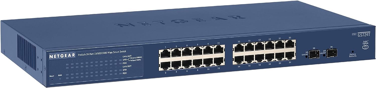 Netgear GS724T ProSafe 24 Port Gigabit Smart Managed Pro Switch with 2 SFP Uplink Ports 52 Gbps Capacity | Fanless Design Netgear GS724T ProSafe 24 Port Gigabit Smart Managed Pro Switch with 2 SFP Uplink Ports 52 Gbps Capacity | Fanless Design